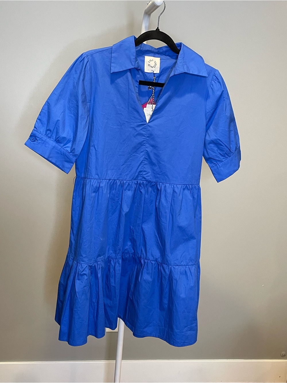 Blue Short Sleeve Tiered Shirtdress